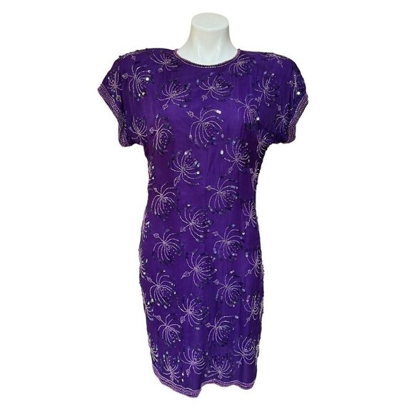 Vintage 90s Beaded Silk Cocktail Dress Royal Purple Size 6 XS/S - Picture 1 of 10